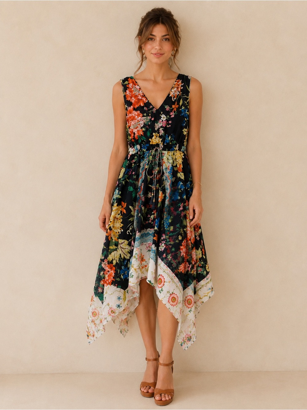 Johnny Was 100% Silk V Neck Handkerchief Dress Black Floral